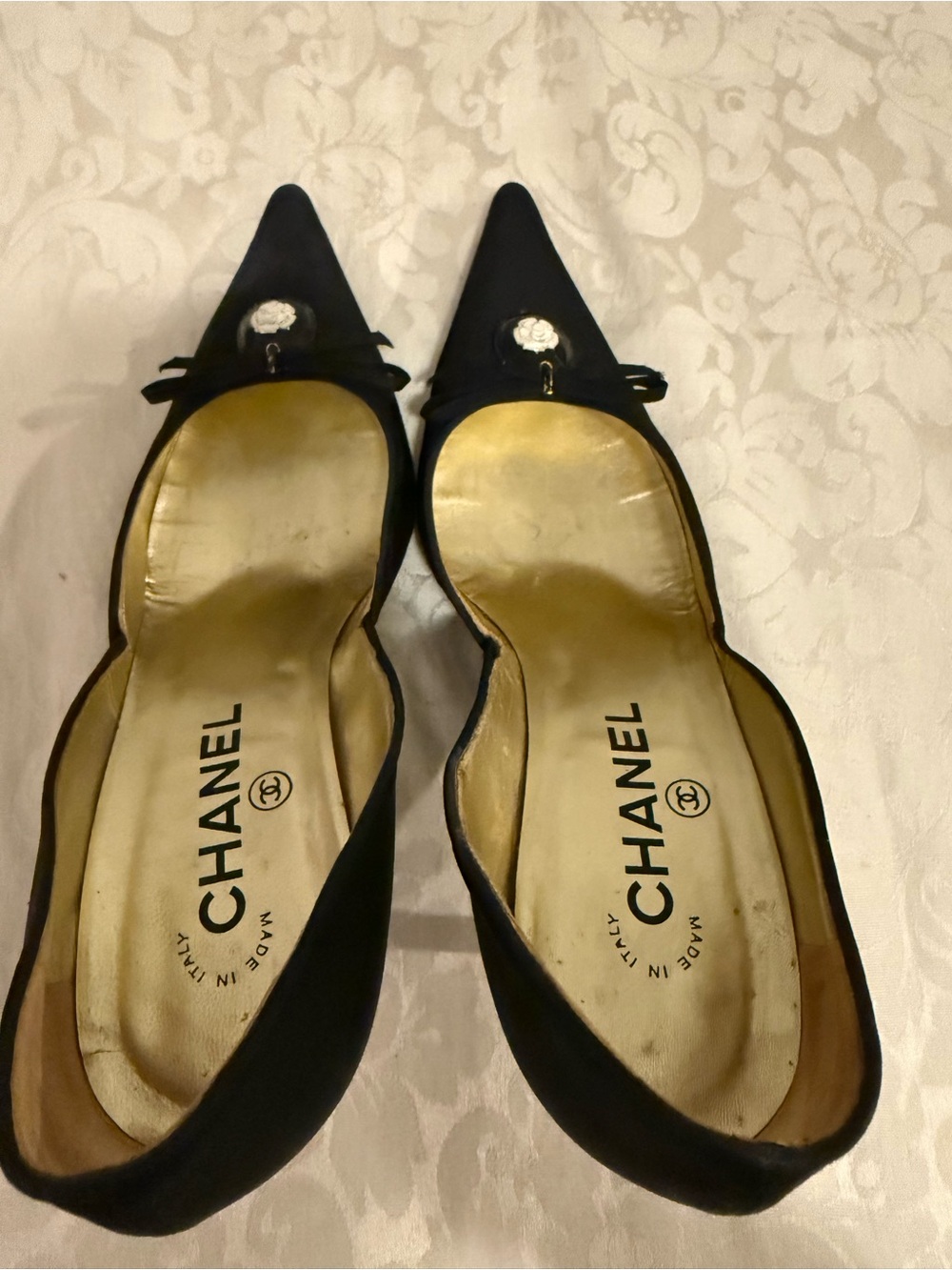 Chanel Vintage Black Camellia Pointed Toe Heels Pumps Sz 37.5 w/ Chanel Dust Bag - Picture 9 of 12